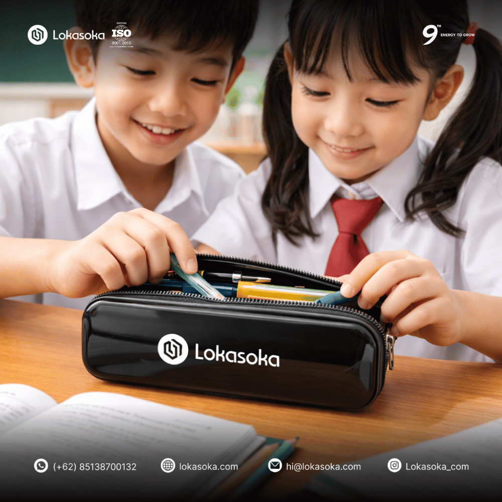 Paket alat tulis kantor (ATK) dan kotak pensil custom untuk souvenir event sekolah atau universitas, souvenir yang bermanfaat dengan desain kreatif dan rapi dari Lokasoka