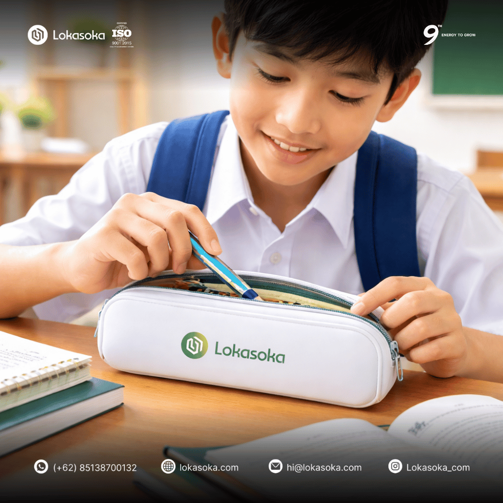 Paket alat tulis kantor (ATK) dan kotak pensil custom untuk souvenir event sekolah atau universitas, souvenir yang bermanfaat dengan desain kreatif dan rapi dari Lokasoka
