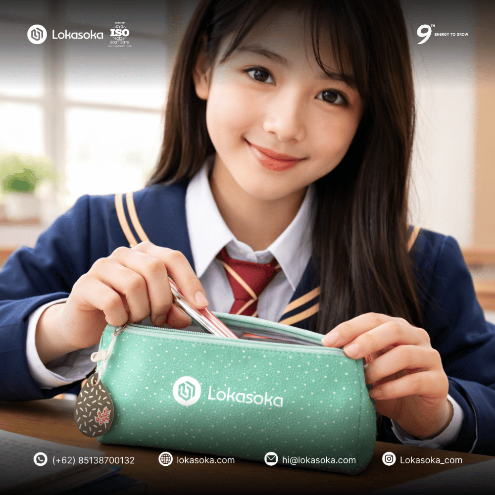 Paket alat tulis kantor (ATK) dan kotak pensil custom untuk souvenir event sekolah atau universitas, souvenir yang bermanfaat dengan desain kreatif dan rapi dari Lokasoka