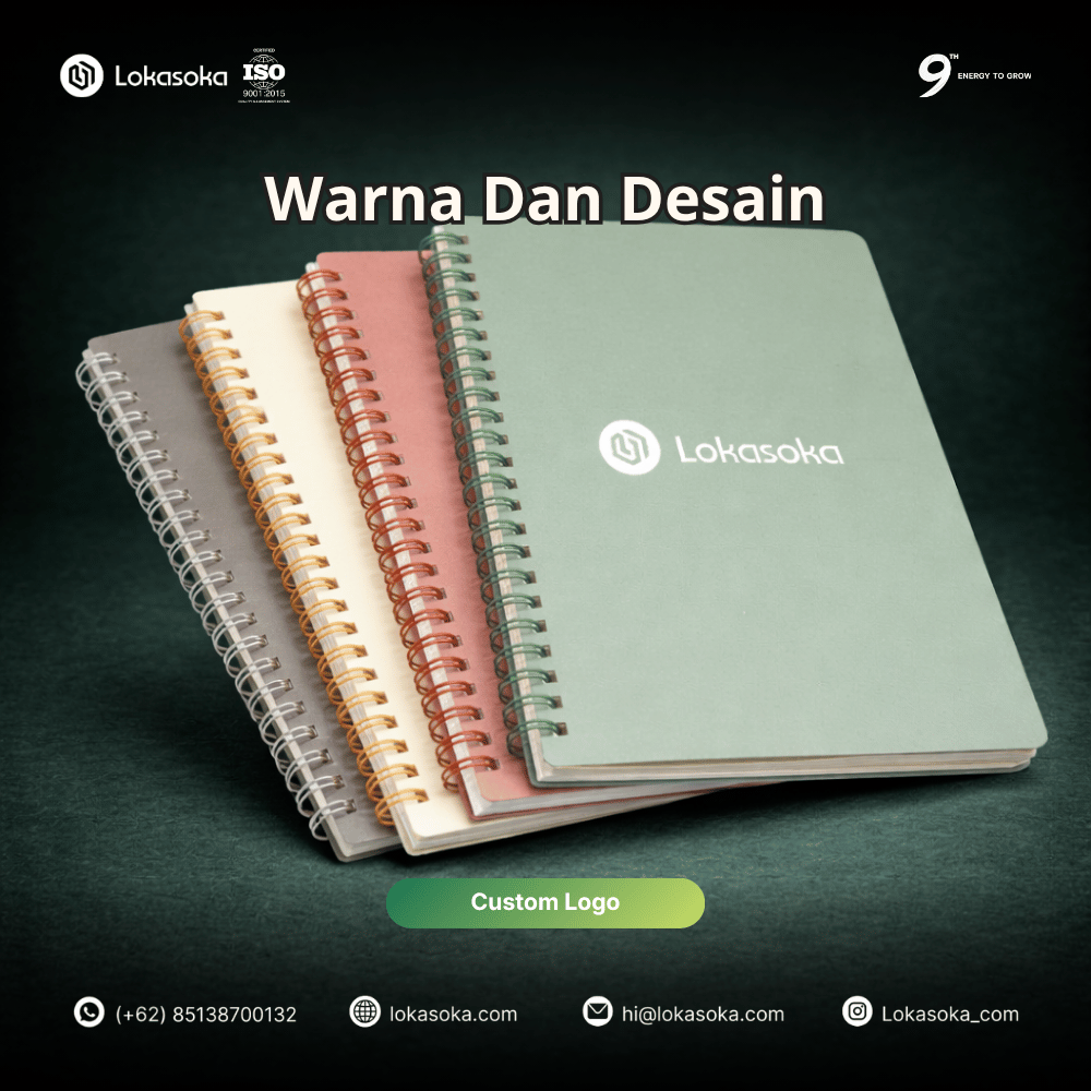 Produksi notebook custom desain minimalis dan agenda tahunan untuk perlengkapan alat tulis kantor atau merchandise promosi perusahaan dari Lokasoka