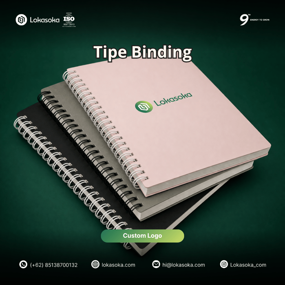 Produksi notebook custom desain minimalis dan agenda tahunan untuk perlengkapan alat tulis kantor atau merchandise promosi perusahaan dari Lokasoka