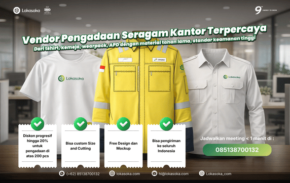 Penawaran spesial pengadaan seragam kerja skala besar untuk perusahaan, tersedia pilihan bahan kemeja drill, kaos katun, dan wearpack pelindung.
