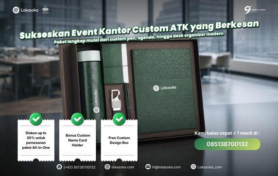 Vendor souvenir kantor penyedia jasa custom notebook hardcover premium dengan kemasan box eksklusif untuk kado perpisahan karyawan atau klien dari Lokasoka