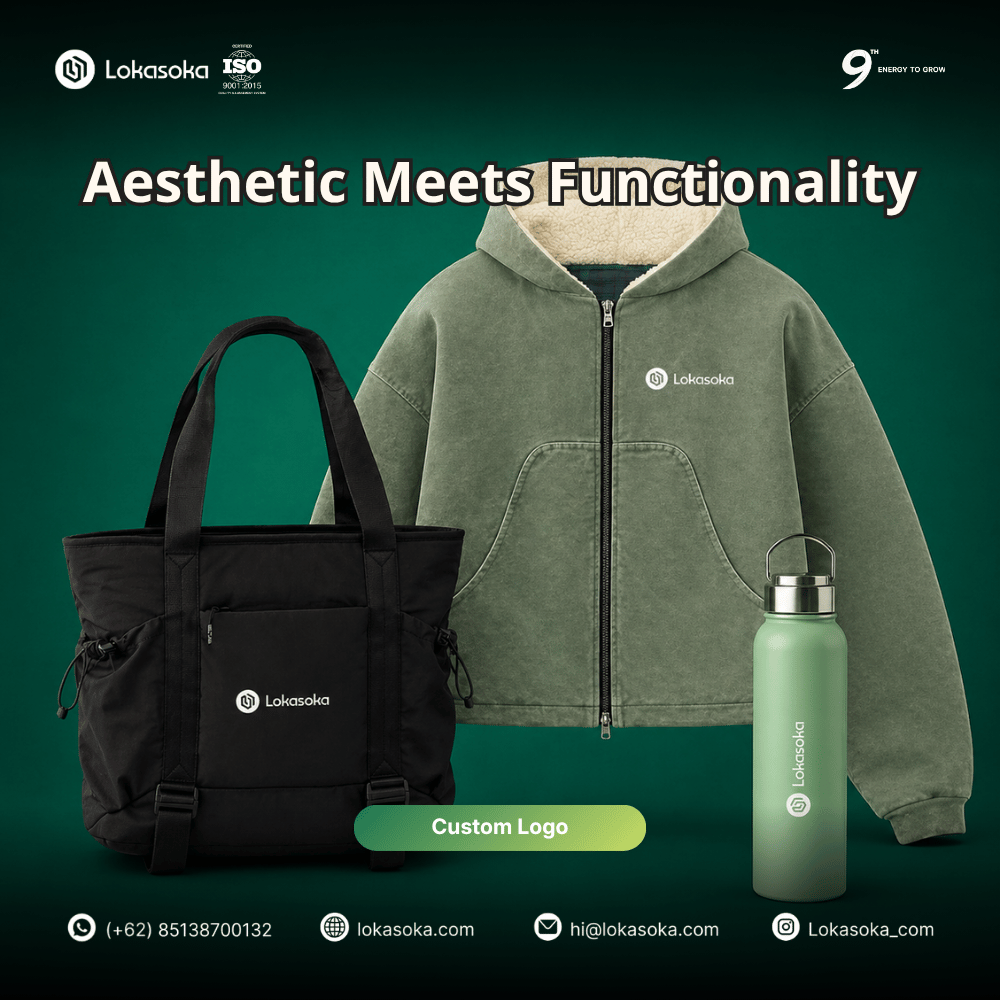 Paket custom onboarding kit karyawan dari Lokasoka yang berisi merchandise fungsional seperti tumbler, notebook, dan lanyard untuk meningkatkan engagement karyawan baru di perusahaan.