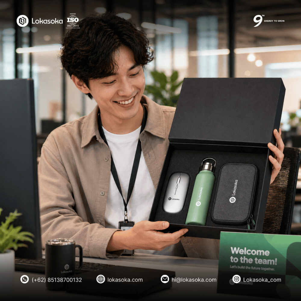 Paket custom onboarding kit karyawan dari Lokasoka yang berisi merchandise fungsional seperti tumbler, notebook, dan lanyard untuk meningkatkan engagement karyawan baru di perusahaan.