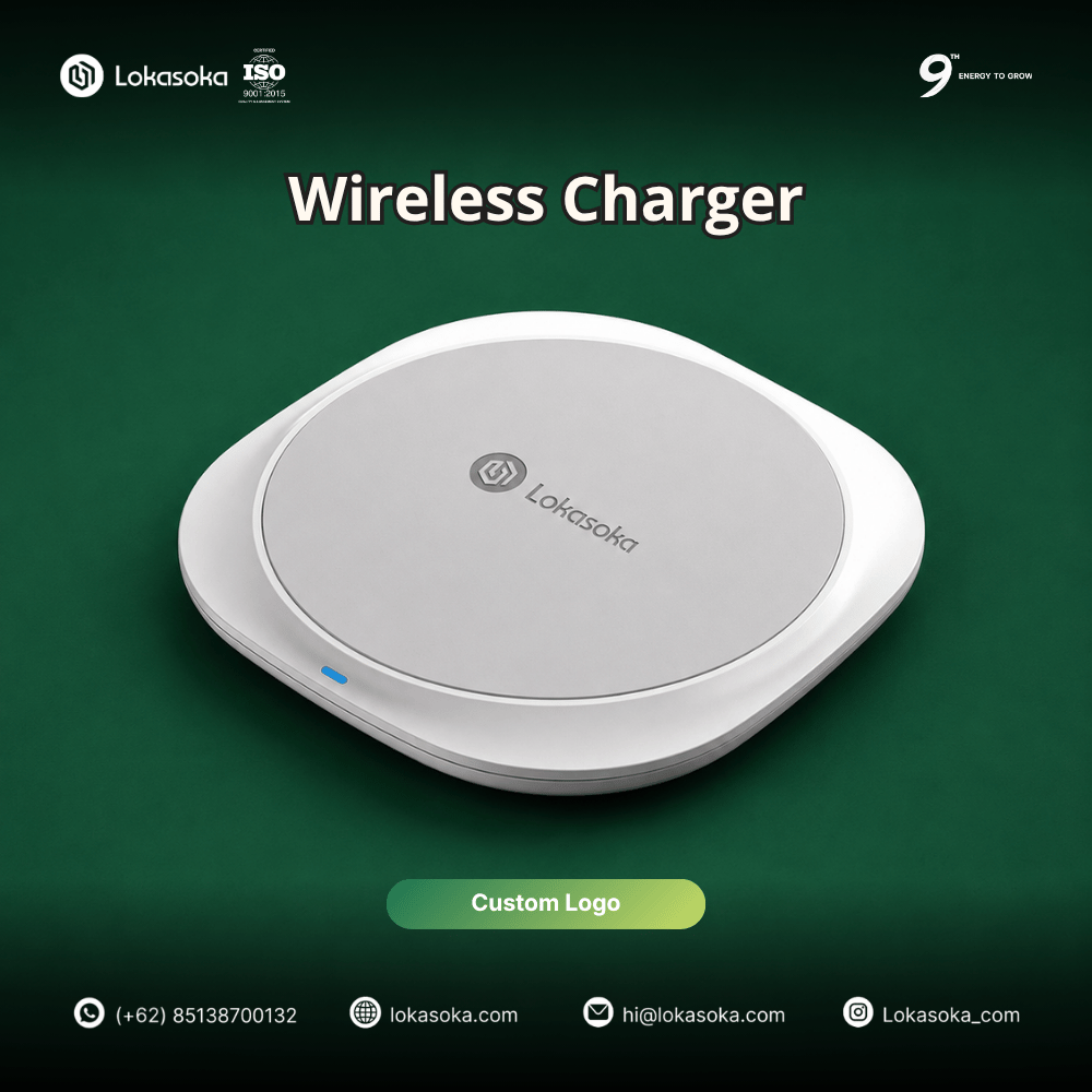 Custom souvenir wireless charger untuk corporate gift ke pegawai dan klien di Lokasoka