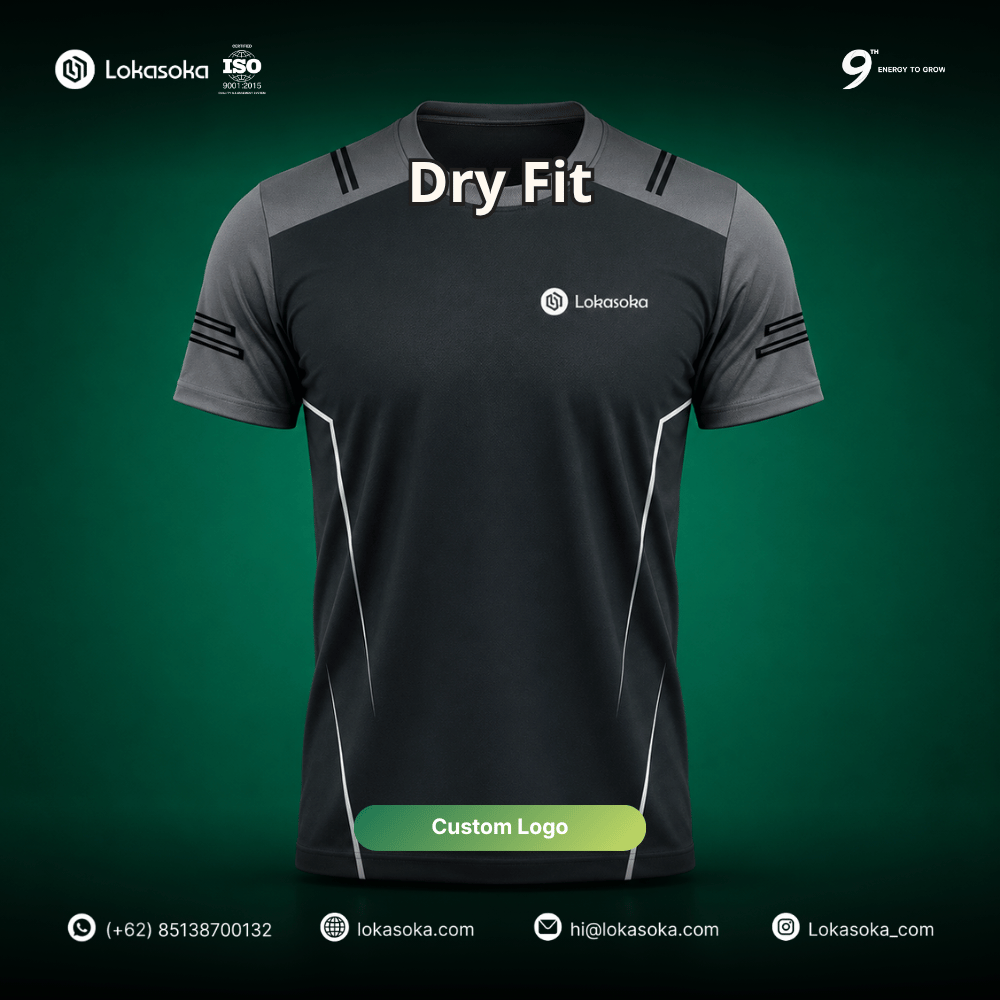 Custom seragam olahraga bahan Dry Fit untuk event kantor di Lokasoka