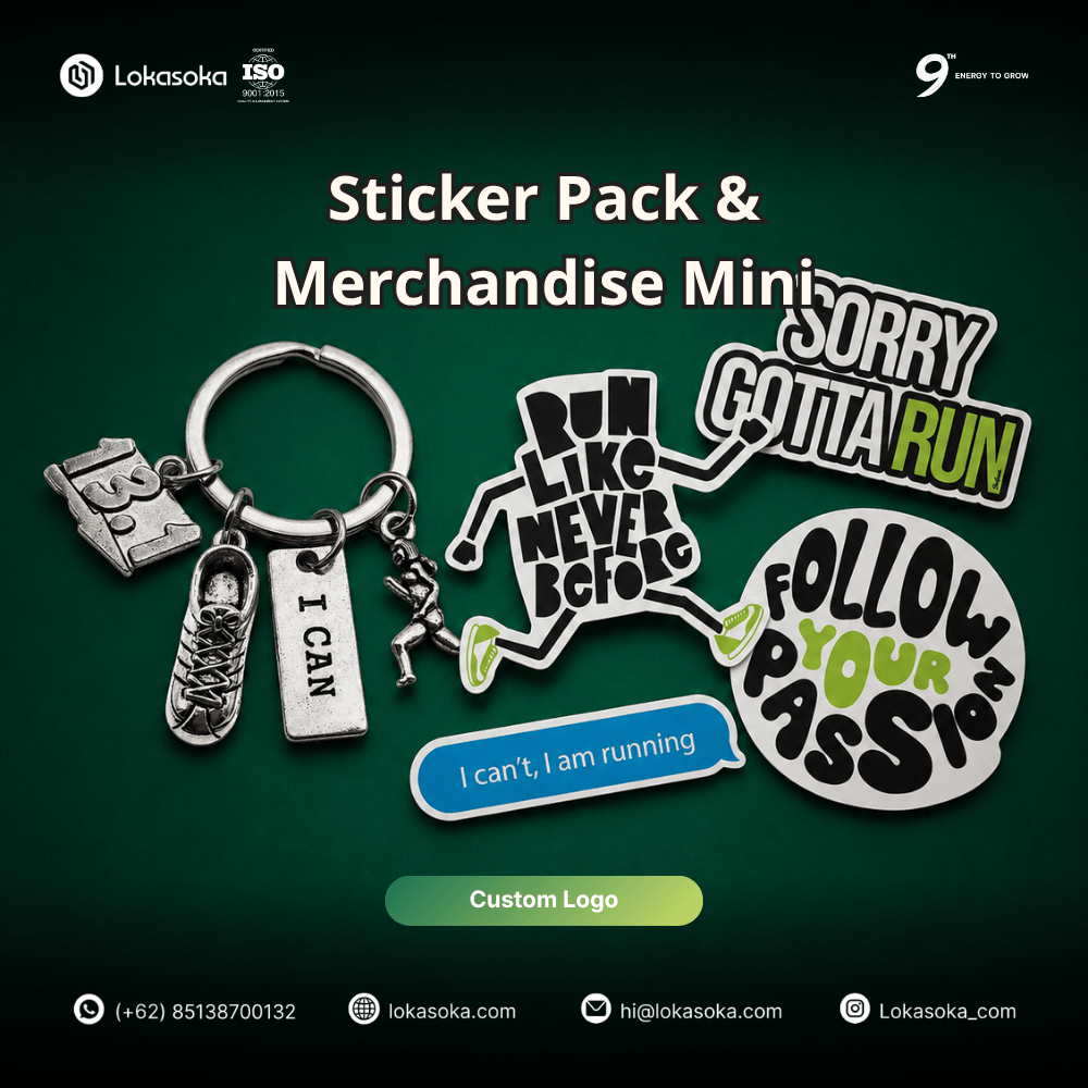 Custom sticker dan gantungan kunci untuk merchandise race pack event marathon di Lokasoka