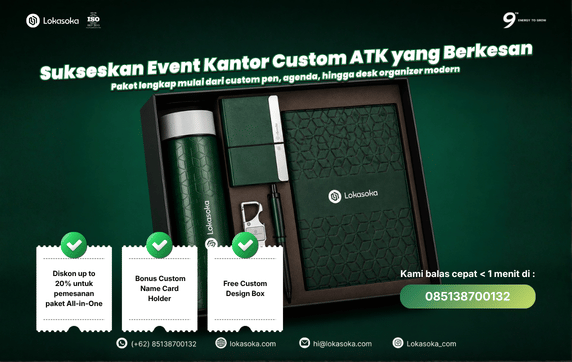 Custom pulpen, payung, tumbler, agenda, notebook sebagai souvenir perusahaan di Lokasoka